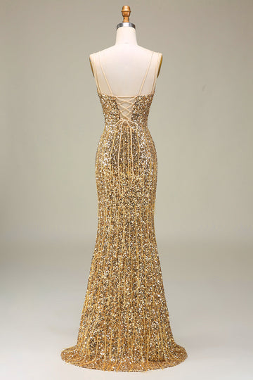 Sparkly Mermaid Golden Long Prom Dress med Slit
